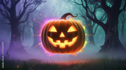 Spooky jack-o'-lantern glowing brightly in a misty forest for Halloween vibes
