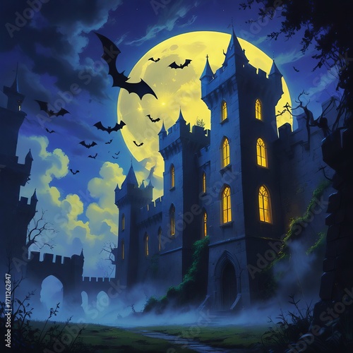 Explore a spooky Halloween castle under the moonlight with bats flying around at night