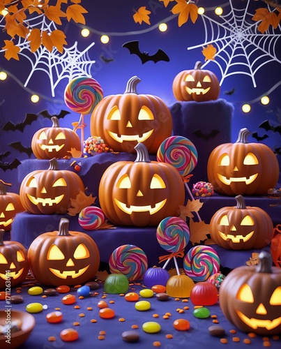 Spooky jack-o'-lanterns and colorful candy create a fun Halloween night display