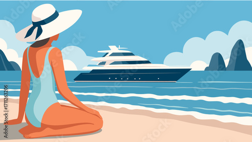 Woman on a Beach Looking at a Yacht