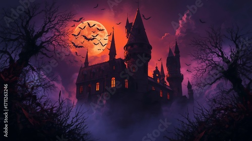 Haunted castle under a spooky full moon with flying bats ready for Halloween night
