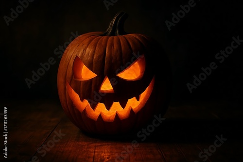 Spooky jack-o'-lantern glowing ominously on a dark Halloween night, ready for tricks