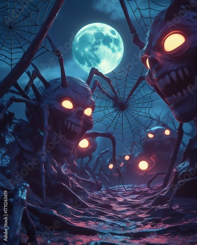 Spooky Halloween night with terrifying spider monsters under a full moon glow