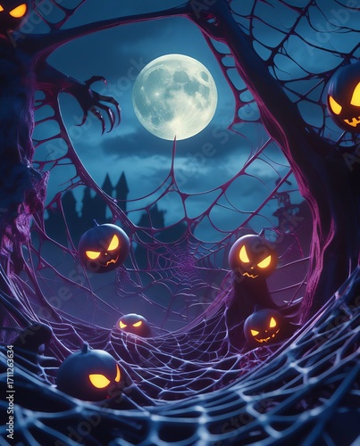 Eerie Halloween night scene with glowing pumpkins, spiderwebs, and full moon