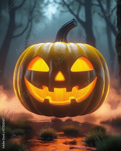 Spooky Halloween pumpkin glows eerily in a misty forest landscape at twilight hour