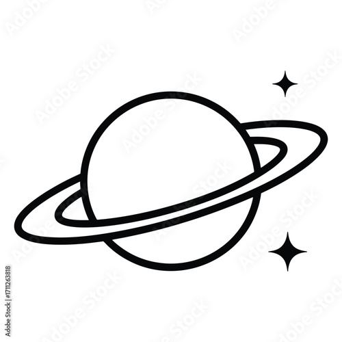 Simple hand drawn outline of a ringed planet with two stars in a minimalist style