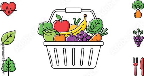Healthy food basket with fruits and vegetables for a diet plan