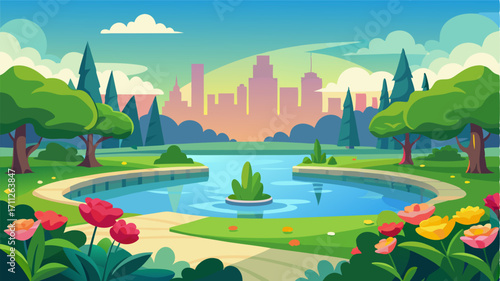 A serene lake glistening in the sunlight surrounded by lush green lawns and blooming flower beds creating a scenic escape in the heart of the city.