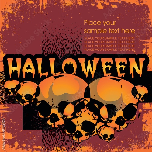 Halloween Skulls Graphic with Orange and Black Text and Background.