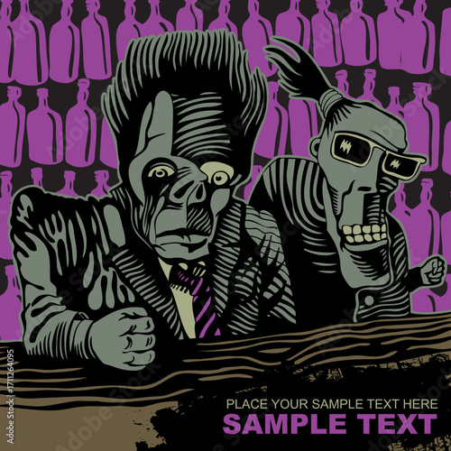 Two Grotesque Anthropomorphic Figures at a Bar Detailed Line Art Style.