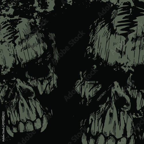 Two Dark Green Grunge Style Skulls with Detailed Texture and Open Jaws.