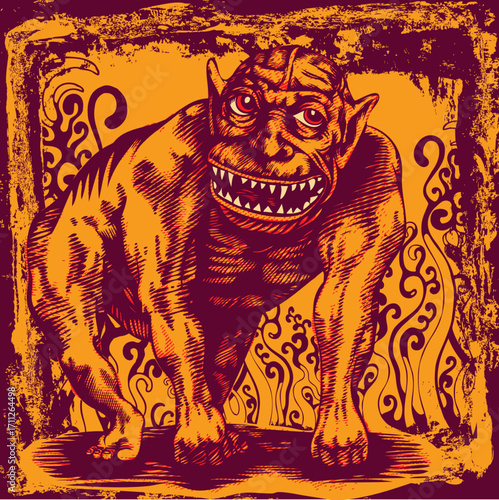 Grinning Orange Demon with Sharp Teeth and Small Horns.