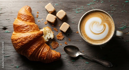 Delicious cappuccino with croissant and brown sugar on weathered wood