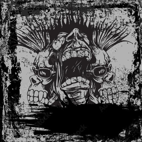 Aggressive Punk Rock Skull Trio with Spiky Hair and Sunglasses.