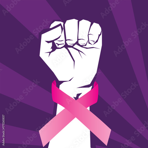 Hand clenched with pink ribbon, world cancer day background