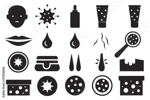 Collection of black and white icons representing various skin conditions and skincare products