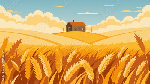 A vast sea of wheat swaying in unison with a lone farmhouse nestled in the center.