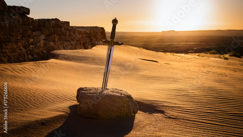 A weathered sword embedded in a cracked stone within ancient desert ruins, warm golden sunset casting long shadows, sand textures blowing in the wind, cinematic wide shot, mystical and historic mood.