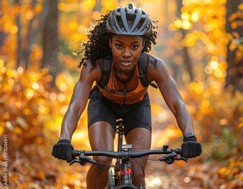 Close-up of Woman Mountain Biking in Autumn Woods