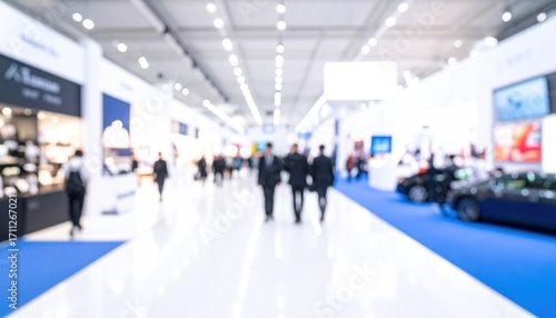 Blurred view of a bright, white trade show hall with people walking on the shiny floor toward booths with blue carpet accents