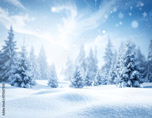 Wallpaper Mural Winter landscape of snow-covered evergreen trees under a bright blue sky with softly falling snow and sunshine Torontodigital.ca