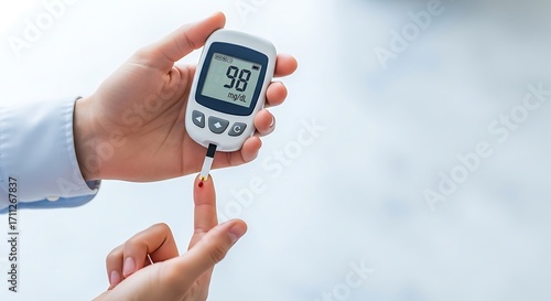 A person's hand holds a glucose meter, showing a blood sugar reading of 98 mg/dL, while a drop of blood is being taken from a fingertip.
