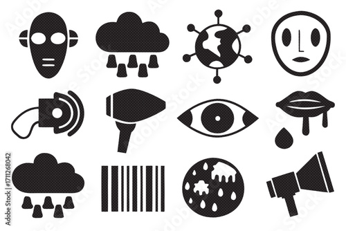 Collection of diverse black icons, featuring alien, cloud, globe, eye, lips, barcode, megaphone, and hair dryer
