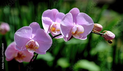Close-up of three delicate, light pink orchids