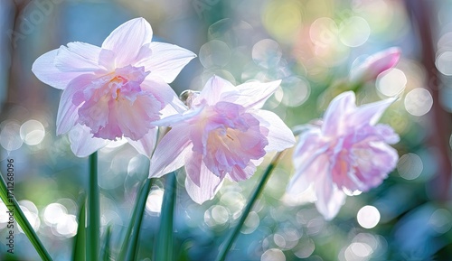 Soft-focus close-up of three delicate, pastel pink daffodils bathed in sunlight