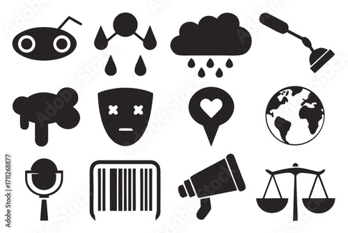 Collection of diverse black icons, representing various concepts and symbols in a minimalist style