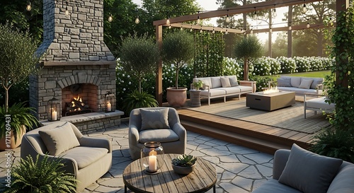 Cozy and Sophisticated Outdoor Living Space with Fireplace and Lounge Area