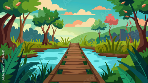 A rustic wooden trail stretching through a vibrant wetland inviting adventurers to discover the hidden wonders of this natural wonderland.