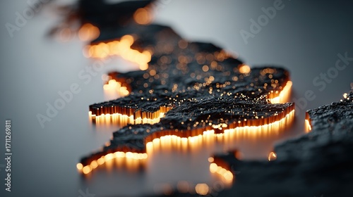 Abstract map outline with glowing edges on a dark gray background.