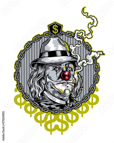 Smoking Clown with Dollar Bill Face Gangster Hat and Chains.