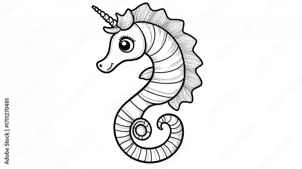 Obraz premium 7.A charming black-and-white drawing of a cartoon seahorse for a kids' coloring activity. The seahorse features a gently curved body, a delicate spiral tail, and small, round fins. Its face is