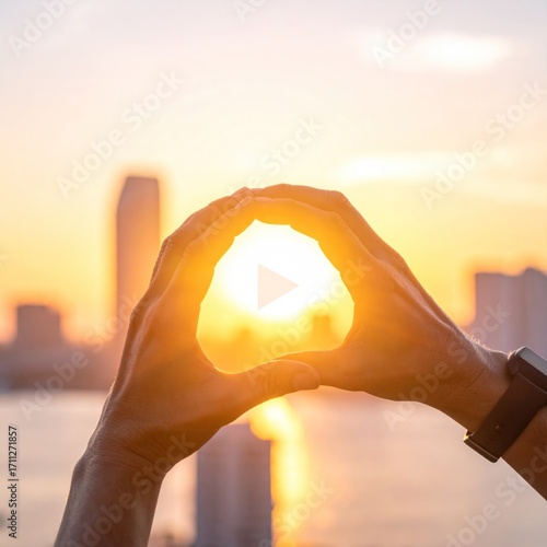 Hands form a heart around the sun, silhouetted against a cityscape during golden hour, creating a sense of warmth and connection