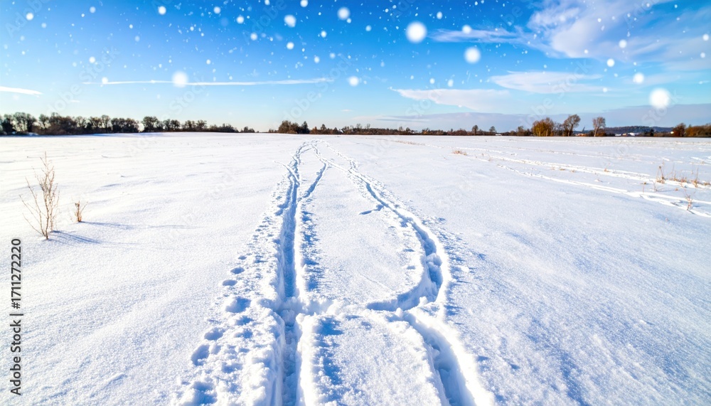 Fototapeta premium Snowy field path under a bright, winter sky, with the focus drawn towards the tire tracks in the foreground leading into the horizon