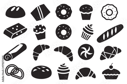 Assortment of bakery icons, showcasing various breads, pastries, and sweets in simple black silhouette style