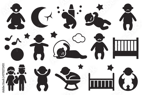 Collection of baby icons, depicting various stages and activities of infants and toddlers in simple black silhouettes