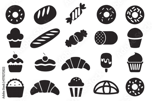 Collection of confectionery icons, featuring various sweets, pastries, and desserts in simple black silhouette style