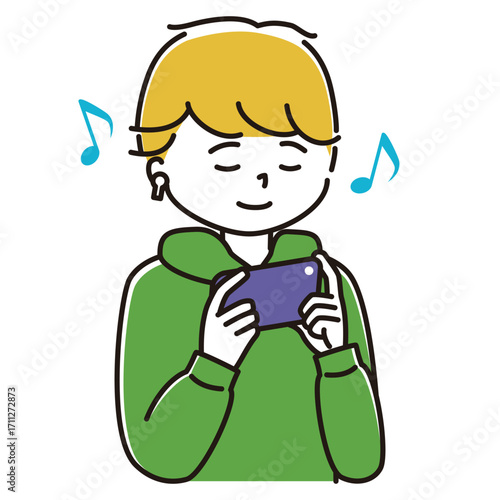 ワイヤレスイヤホンをつけてスマホで音楽を聴く男性のイラスト