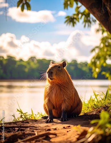 A capybara sits serenely on a riverbank, basking in the golden light with vegetation, trees, and fluffy clouds in a picturesque scene