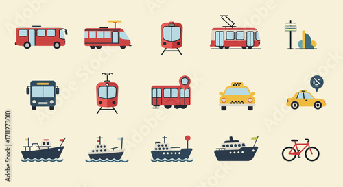 A modern flat design vector illustration depicting a comprehensive set of public transportation icons, perfect for web, mobile apps, or infographic use.