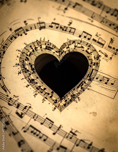 A heart-shaped cutout of sheet music, revealing a dark center. The aged paper shows musical notes, staff lines, and a vintage effect