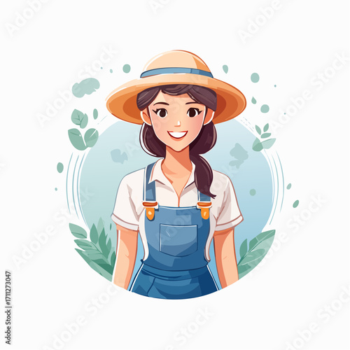 Smiling woman in straw hat and blue overalls, a happy gardener or farmer, surrounded by green leaves, symbolizing nature, growth, and sustainable outdoor life