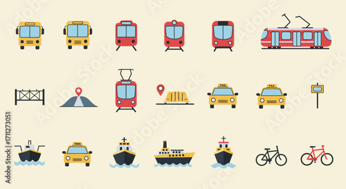 A modern flat design vector illustration depicting a comprehensive set of public transportation icons, perfect for web, mobile apps, or infographic use.