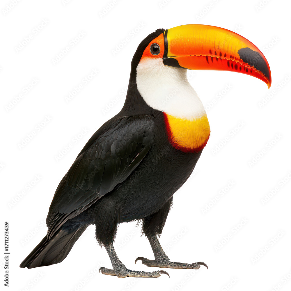 Obraz premium Toucan preening A toucan uses its beak to groom its feathers. full length isolate on transparent background