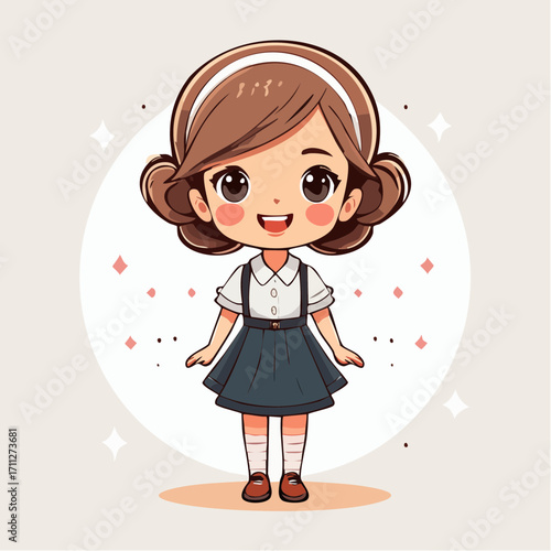 Charming and cheerful vector illustration of an adorable cartoon girl with a bright smile, playful brown hair, and a cute school-inspired outfit, radiating innocence and joy