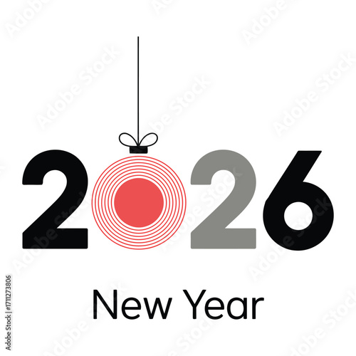 Happy new year 2026 with festive ornament and text