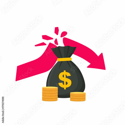 money bag with dollar sign and red downward arrow, symbolizing financial loss, economic decline, investment risk, crisis, and money decrease.